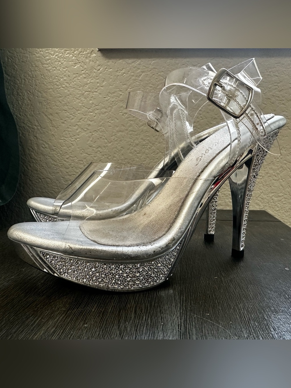 Silver Glitter Platform Clear Strap High Heels